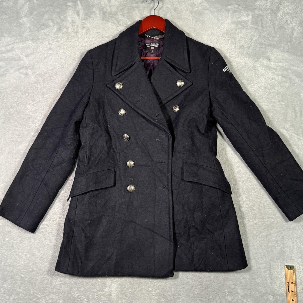 Polo Jeans Co Ralph Lauren Coat Womens M Black Wool Pea‎ Coat Nautical *FLAWS